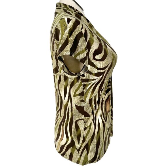 Dressbarn Blouse Womens XL Zebra Print Short Sleeve Made In USA Green Brown Gold - Picture 3 of 11